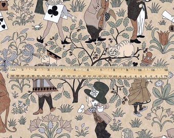 100% linen fabric - Alice in Wonderland beige by Voysey - Victorian Art crafts - Historical pattern for upholstery dress making 3613