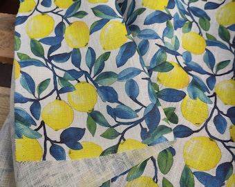 100% LINEN Fabric lemons print - oatmeal natur linen with Italian citrus print - for home decor upholstery with lemon print 363