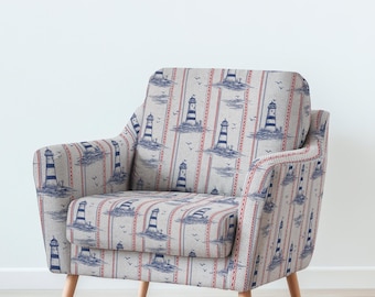 100% LINEN Fabric UPHOLSTERY 12oz - lighthouse blue red print on linen - Modern vintage Victorian coastal marine upholstery 2777