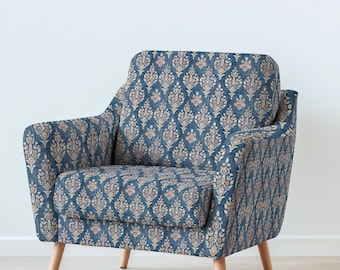 100% LINEN Fabric UPHOLSTERY 12oz - Block print blue beige red print on linen - Modern vintage pattern 322