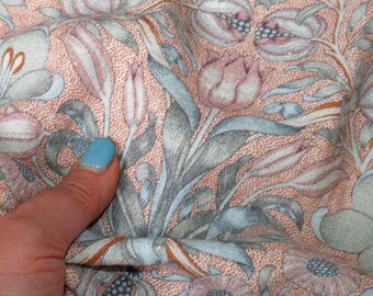 100% LINEN Fabric Lily pink print -Victorian Craft Art William Morris - heavy home decor light upholstery - medium dress sewing 2530
