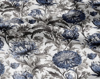 100% LINEN Fabric blue flower print on white linen - Floral print flax fabric for uphlstery heavy / medium for clothing 2575