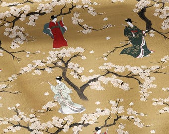 100% LINEN Fabric oriental print with geisha in cherry blossom -  botanical  heavy linen fabric for upholstery home decor 2770