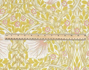 100% LINEN fabric - William Morris Pimpernel yellow pink - British Victorian Art Craft flax - sewing home decor or clothing 3837