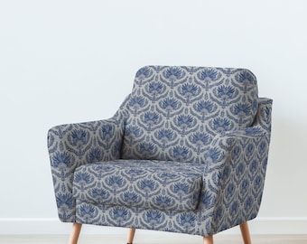 100% LINEN Fabric UPHOLSTERY 12oz - French block print blue on oatmeal linen - Modern vintage floral upholstery 305