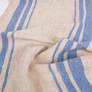 Tela 100% lino, 350 g/m² - Lino francés de grano grueso - Gruesa y densa. Rayas azul-negras naturales. Para manualidades, tapicería y decoración.