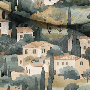 Puede incluir: Una ilustraci&oacute;n al estilo acuarela de un pintoresco pueblo italiano con casas, &aacute;rboles y una colina ondulada. La escena est&aacute; pintada en tonos de verde, marr&oacute;n y beige.