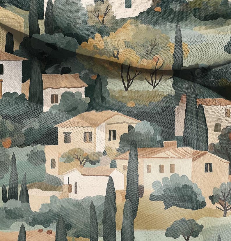 Puede incluir: Una ilustraci&oacute;n al estilo acuarela de un pintoresco pueblo italiano con casas, &aacute;rboles y una colina ondulada. La escena est&aacute; pintada en tonos de verde, marr&oacute;n y beige.