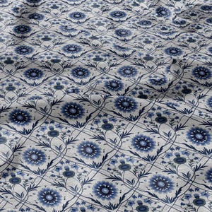 100% LINEN Fabric block print - linen fabric with blue white floral print - heavy linen fabric for upholstery home decor
