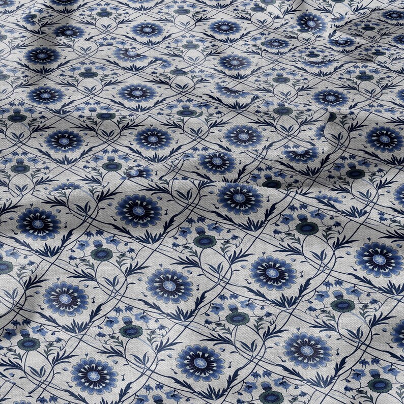 100% LINEN Fabric block print - linen fabric with blue white floral print - heavy linen fabric for upholstery home decor