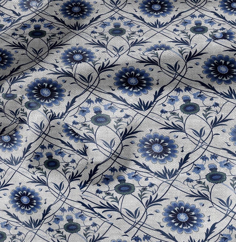 100% LINEN Fabric block print - linen fabric with blue white floral print - heavy linen fabric for upholstery home decor
