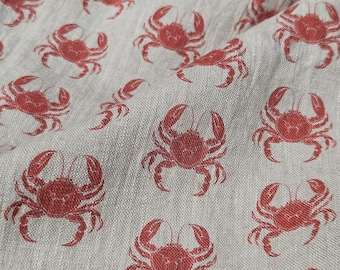 Tela 100% lino con estampado de cangrejos rojos y grises - Tela moderna vintage - Tapicería, decoración del hogar, costura y ropa 2684