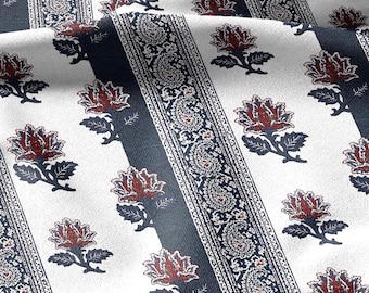 100% Leinen blau weißer Paisley Streifendruck - Vintage Floral Botanischer Moderner viktorianischer Stoff 3421
