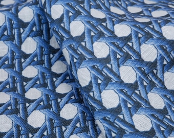 Tela 100% lino con estampado de bambú azul - telas artesanales botánicas azules y blancas 3687