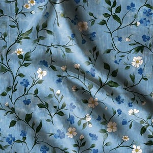 100% LINEN Fabric Floral blue print, linen fabric with blue botanical print, heavy linen fabric for upholstery home decor curtains cushions