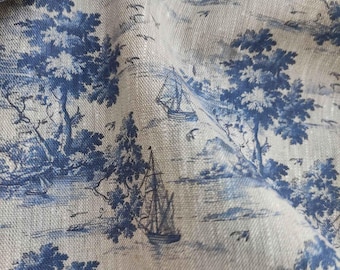 Tela 100% LINO Toile de Jouy con estampado de barco e isla, lino natural avena con estampado costero índigo azul, tela de lino decoración del hogar 3013