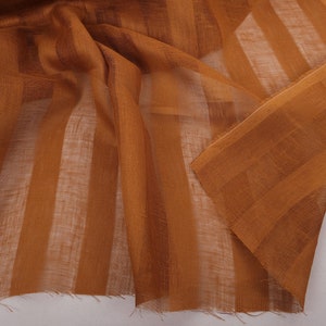 100% linen fabric WIDE Sheer striped Gauze transparent 95gsm. BROWN for curtains, scarves, loose clothing. Sparse weaving voile