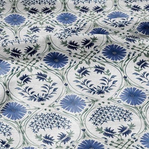 100% LINEN Fabric block print - linen fabric with blue green white floral print - heavy linen fabric for upholstery home decor