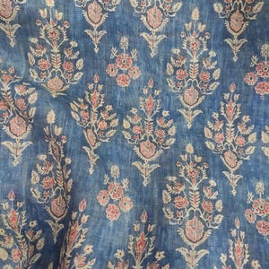100% LINEN Fabric block print, oatmeal natur linen fabric with blue floral print, heavy linen fabric for upholstery home decor