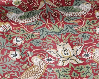 100% LINEN fabric - William Morris Strawberry thief red - British Victorian Art Craft flax - sewing home decor or clothing 3862