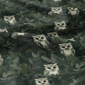 100% linen Greenery Owl Print fabric for Curtain Upholstery Cushion - Green Bird forest - for dress making sewing 2210