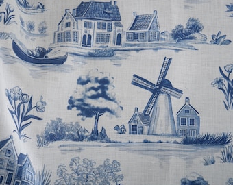 Tela 100% LINO Paisaje de Delft Holanda - Tela de lino con estampado azul blanco - Tela de lino pesada para tapicería decoración del hogar mantel 2160