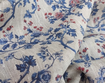 100% LINEN Fabric Toile de Jouy , white botanical fabric with blue indigo red print, French linen floral blossom 326