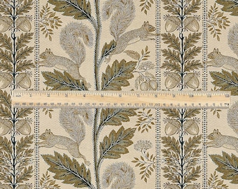 100% LINEN Fabric Woodland - Brown floral print with Squirrel Neutral Fabric by the Yard by LithuanianLinen 3788