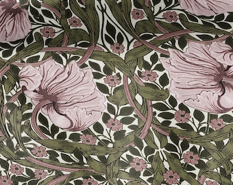 100% LINEN fabric - William Morris Pimpernel green pink - British Victorian flax - sewing upholstery home decor or clothing 3855