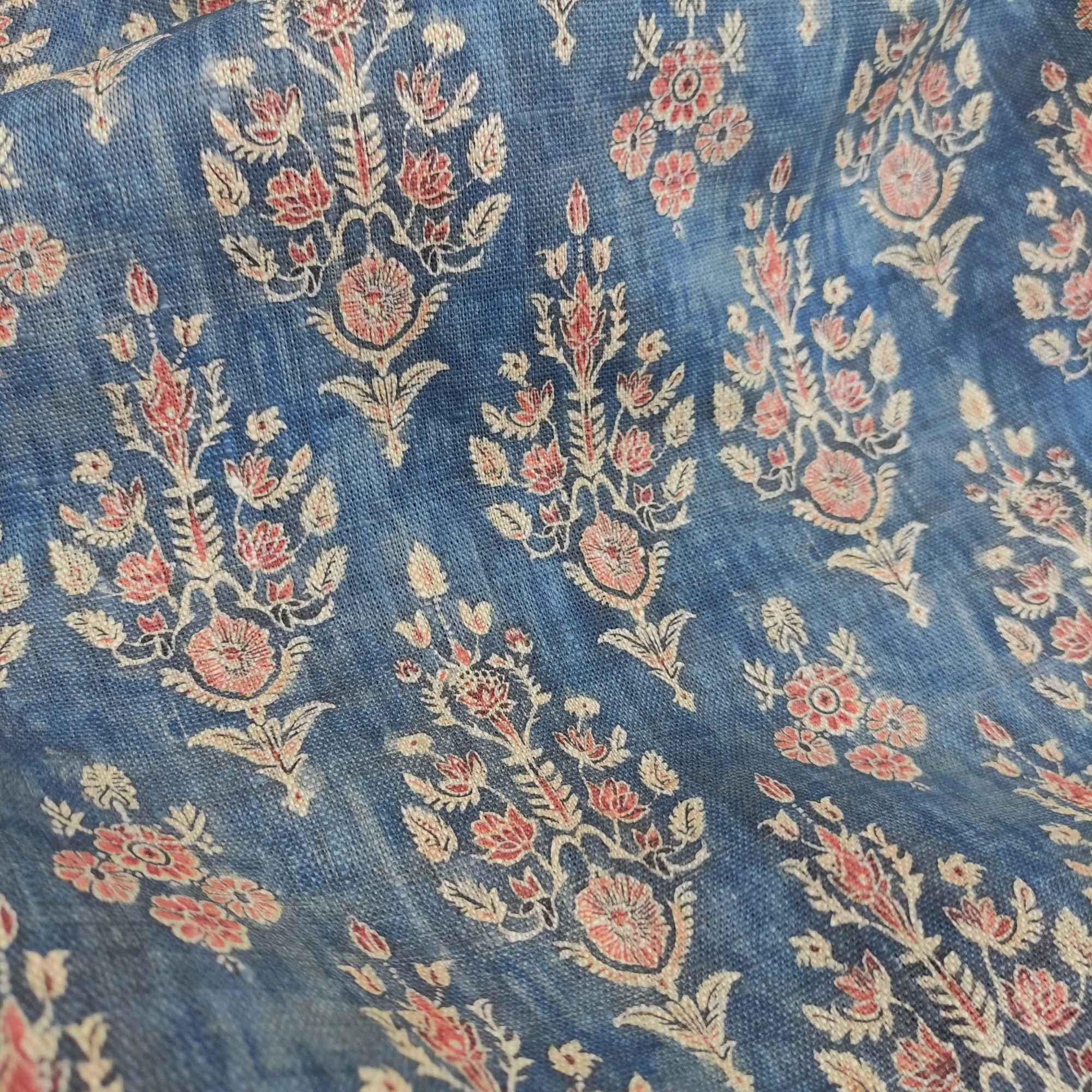 Oatmeal Linen Color 100% LINEN Fabric Block Print, Oatmeal Natur Linen Fabric With Blue ...