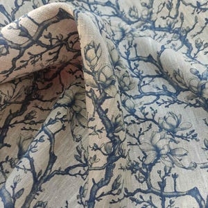 100% LINEN Fabric magnolia blue print on oatmeal natur linen, floral toile de jouy fabric, French linen floral upholstery home decor 342