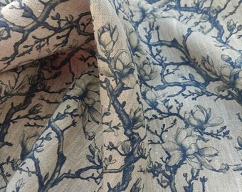 100% LINEN Fabric magnolia blue print on oatmeal natur linen, floral toile de jouy fabric, French linen floral upholstery home decor 342