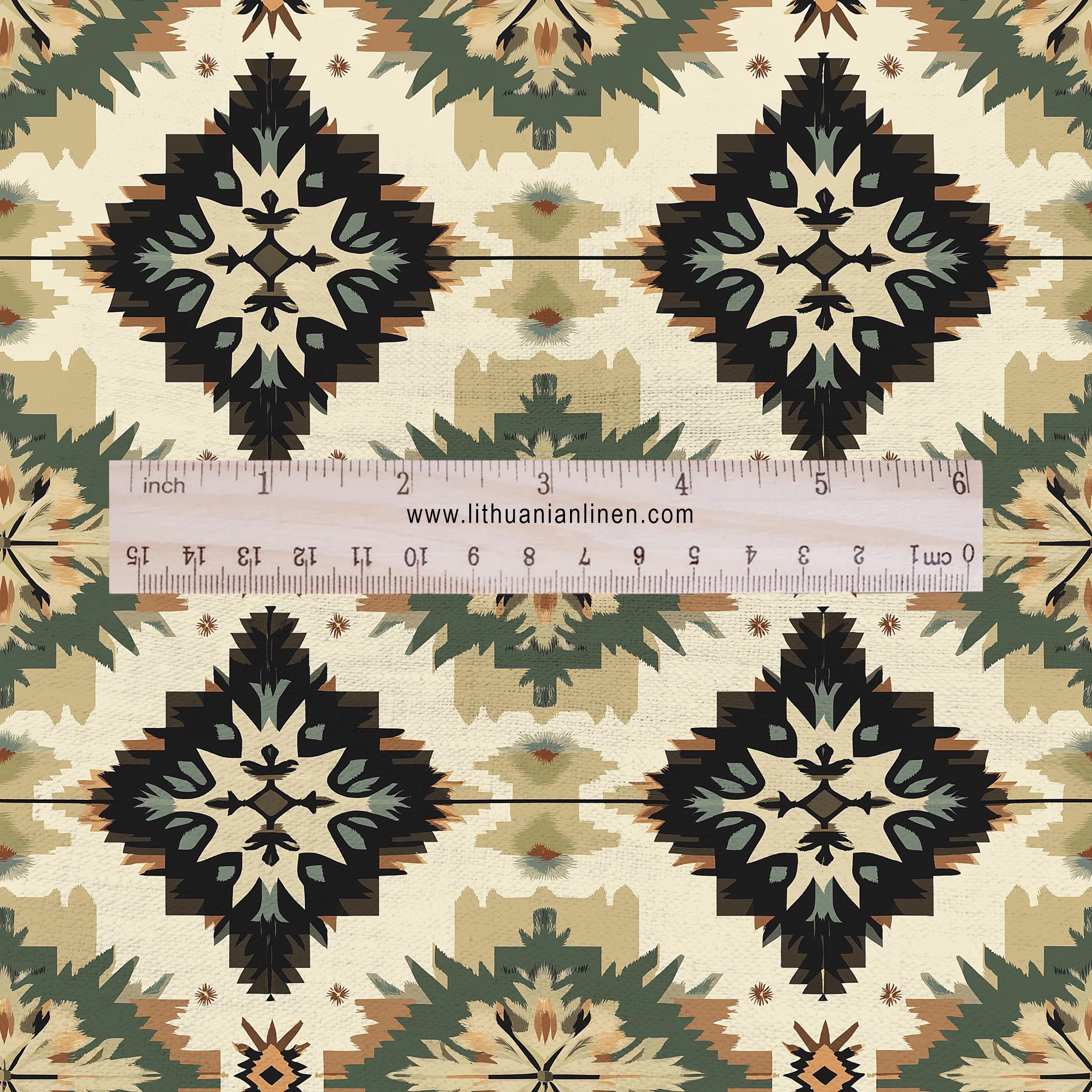 100% LINEN Fabric Western Abstract - tribal print on linen print upholstery curtains dress making 2149