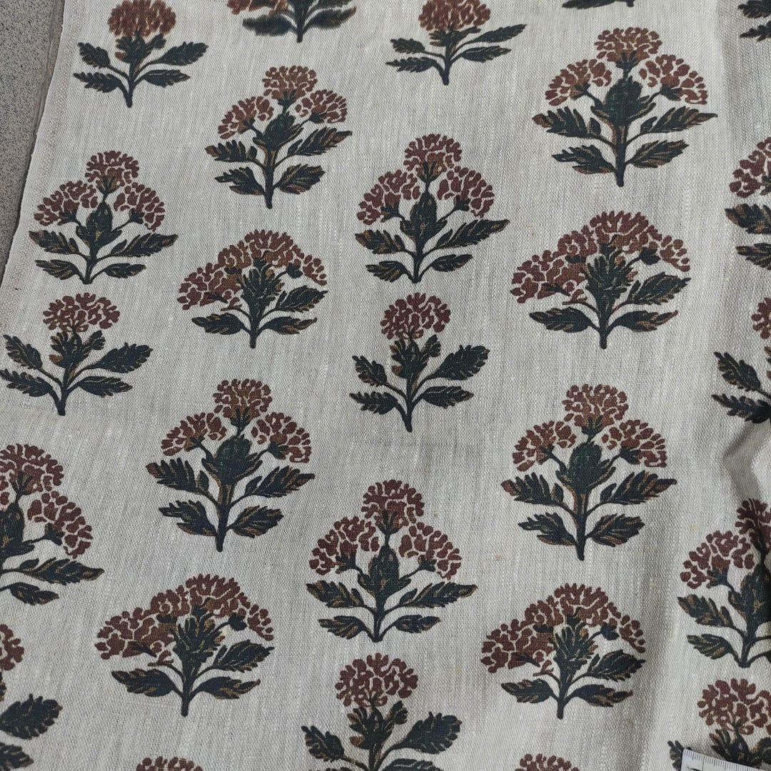 100% LINEN Fabric Hand Block Print Flowers - Oatmeal Linen Fabric With ...