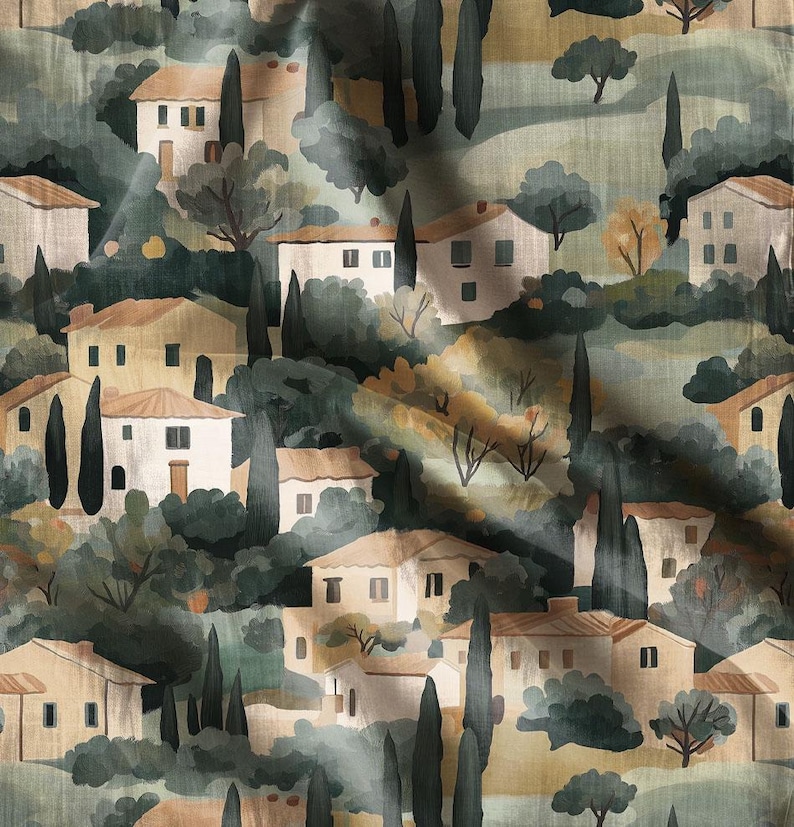 Puede incluir: Una pintura de acuarela que representa una pintoresca escena de la campi&ntilde;a italiana con colinas onduladas, &aacute;rboles verdes exuberantes y casas encantadoras. Las casas est&aacute;n pintadas en tonos c&aacute;lidos de amarillo y marr&oacute;n, con techos de terracota. La pintura captura la belleza y la tranquilidad de la campi&ntilde;a italiana.