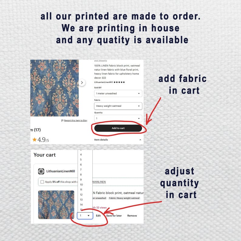 Tela 100% LINO con estampado floral azul y blanco - Tela de lino pesada para tapicería y decoración del hogar 2324 imagen 8