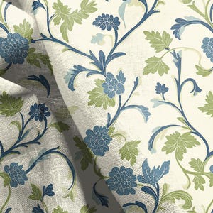 100% LINEN Fabric botanical blue green print on linen, modern vintage floral linen fabric for upholstery or home decor