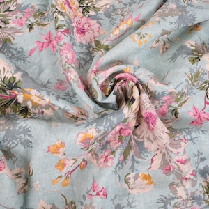 Print floral linen fabric 180gsm - BLUE flower - dense PREWASHED  - for blouses, dresses, curtains, scarves Organic Barrock