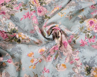 Print floral linen fabric 180gsm - BLUE flower - dense PREWASHED  - for blouses, dresses, curtains, scarves Organic Barrock