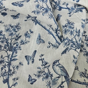 100% LINEN Fabric Toile de Jouy, white botanical fabric with blue indigo print, French linen floral Birds  and butterflies 301
