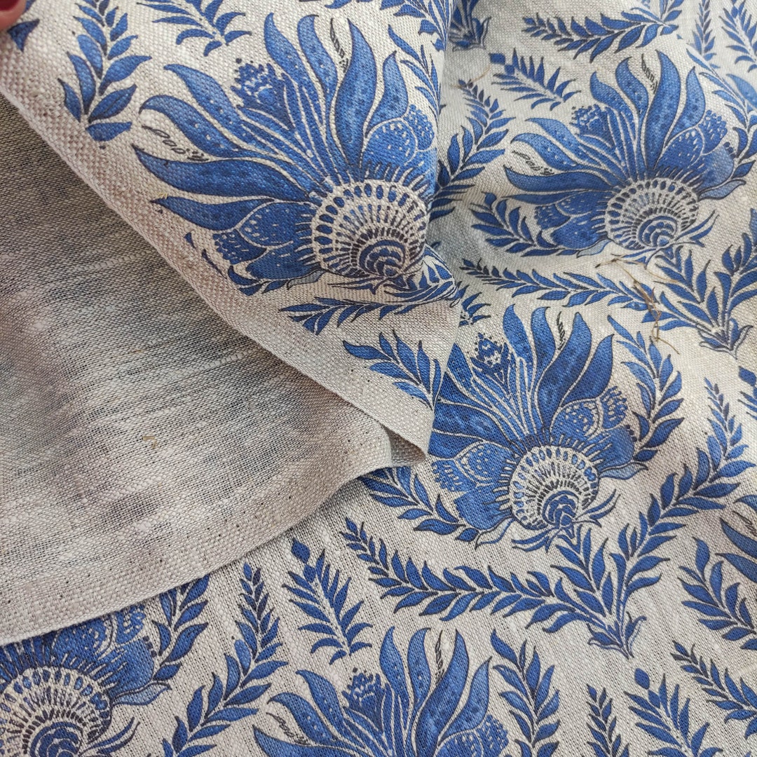 100% LINEN Fabric French Blue Block Print on Oatmeal Natur Linen ...