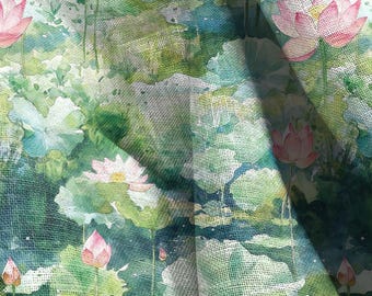 Tecido 100% linho Waterlilly, tecido de linho inspirado nas pinturas de Monet "Nenúfares", tecido de linho pesado para estofamento e decoração de interiores 2222