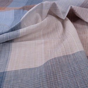 striped linen 100% flax fabric 180gsm White blue brown. Large striped. Medium weight, dense. For clothing dress cutains