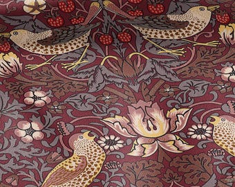 100% LINEN fabric - William Morris Strawberry thief burgundy red - British Victorian Art Craft flax - sewing home decor or clothing 3868
