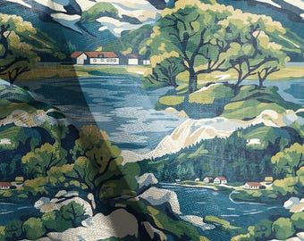 Tela 100% lino con paisaje del archipiélago sueco, estampado azul y verde, tela de lino gruesa para tapicería, decoración del hogar, mantel 2061