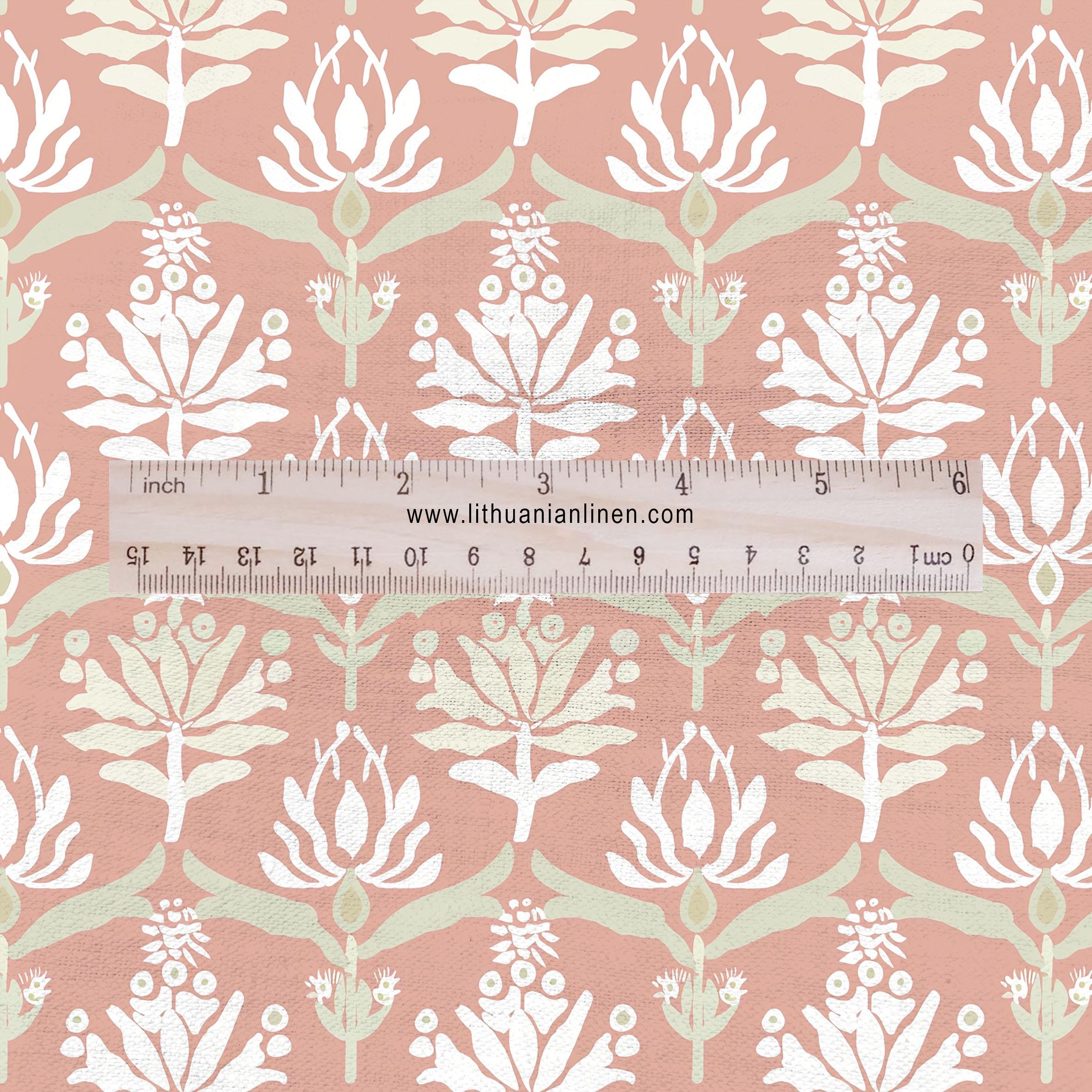 100% LINEN Fabric Block Print in Preppy Pink - Floral Print on White ...