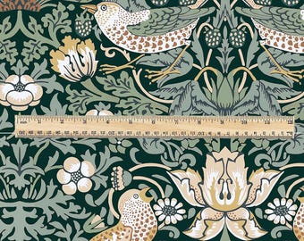 100% LINEN fabric - William Morris Strawberry thief green - British Victorian Art Craft flax - sewing home decor or clothing 3864