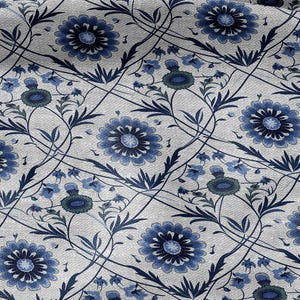 100% LINEN Fabric block print - linen fabric with blue white floral print - heavy linen fabric for upholstery home decor