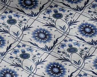 100% LINEN Fabric block print - linen fabric with blue white floral print - heavy linen fabric for upholstery home decor 2324