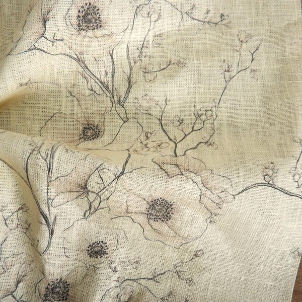 100% LINEN Fabric beige poppy print on white linen -floral botanical french linen fabric Provence -linen floral upholstery sewing dress 359